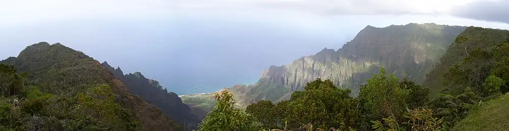 A view of the Kalalau Valley on Kauaʻi's Nā Pali Coast from the Kalalau Lookout