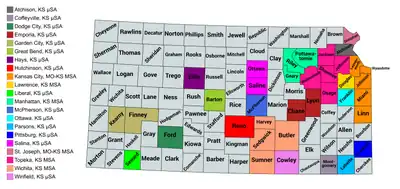 Map of the 21 core-based statistical areas in Kansas.