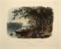 Encampment of the travellers on the Missouri.  Maximilian is likely the man on the right in blue smoking a pipe.  Aquatint illustration by Karl Bodmer from Maximilian Prince of Wied’s Travels in the Interior of North America, during the years 1832–1834.