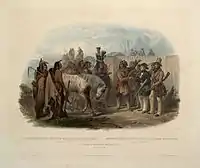 The Travellers Meeting with Minatarre Indians Near Fort Clark.  Maximilian is apparently the man in green holding a gun.  Aquatint illustration by Karl Bodmer from Maximilian Prince of Wied’s Travels in the Interior of North America, during the years 1832–1834.