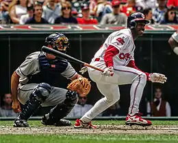 Kenny Lofton batting in 1996 wearing long pant legs