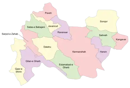 Location of Dalahu County in Kermanshah province (center, yellow)