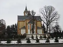 Church in Straszęcin, where once operated a trolleybus loop