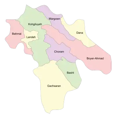 Location of Margown County in Kohgiluyeh and Boyer-Ahmad province (top, purple)