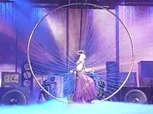 A picture of a woman singing on stage while sitting in a gold hoop.