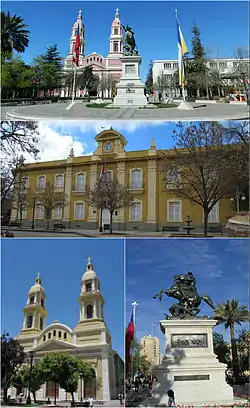 Buildings surrounding Los Héroes Square, Rancagua. Top: Southern view of the plaza, Middle: Cachapoal Province Governorate, Bottom left. Sagrario Cathedral, Bottom right: Bernardo O'Higgins monument.