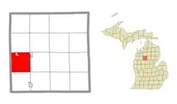 Left: location within Missaukee County and an administered portion of the Jennings CDP (pink); Right: Location in the state of Michigan