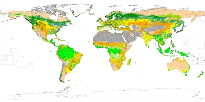 Image 12A chorochromatic map of world land cover, using hue, value, and saturation to differentiate nominal values (from Cartographic design)