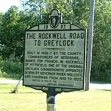 The entrance to Rockwell Road, which extends from Lanesborough to the summit of Mount Greylock in Adams