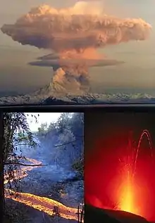 Image 1Some of the eruptive structures formed during volcanic activity (counterclockwise): a Plinian eruption column, Hawaiian pahoehoe flows, and a lava arc from a Strombolian eruption (from Types of volcanic eruptions)