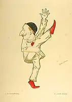 Caricature of Sergei Lukianov as Pierrot in Les Millions d'Arlequin by the brothers Nikolai and Sergei Legat for their book The Russian Ballet In Caricature, 1903.