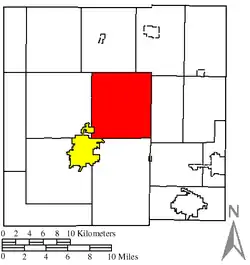 Location of Liberty Township (red) in Crawford County, next to the city of Bucyrus (yellow)