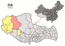 Location of Gêrzê County (red) within Ngari Prefecture (yellow) and the Tibet A.R.