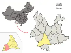 Location of Lancang County (pink) in Pu'er City (yellow) and Yunnan