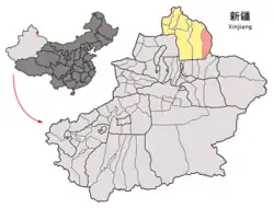 Location of Qinggil County (pink) in Altay Prefecture (yellow) and Xinjiang