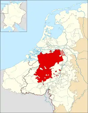 The Duchy of Brabant within the Seventeen Provinces of the Low Countries and the borders of the Holy Roman Empire (thick line)