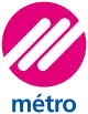 Pink circle with three diagonal white lozenges forming stylised letter 'm'