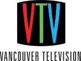 In a black shape designed to look like a TV screen, red, green, and blue letters "VTV" in a condensed sans serif. Beneath are the words "Vancouver Television" all caps, slightly widely spaced, in a condensed sans serif.