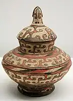 Colour-painted pottery pot from the Lower Xiajiadian culture, 2000-1500 BCE. Excavated from Dadianzi, Aohanqi, Inner Mongolia. Capital Museum, Beijing