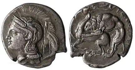 Silver coin from Velia, circa 280 BC, with Athena on the obverse, and a lion devouring a stag on the reverse