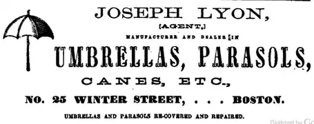 Joseph Lyon's "umbrellas, parasols, canes, etc.," 1861