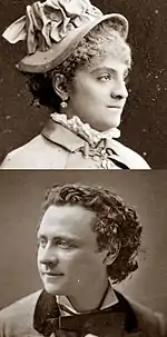 head and shoulders photos of young woman in right profile, wearing a small hat, and young man with longish dark hair in left profile; both in Victorian dress