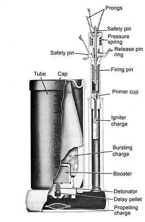 Cut-away view of a M2 mine showing booster charge above detonator