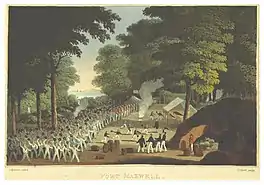 Painting of British sailors and Royal Marines behind the ramparts of Fort Maxwell