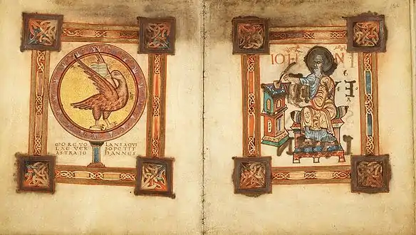 Symbol facing evangelist portrait at the start of the Gospel of St John; Egmond Gospels, Royal Library of the Netherlands