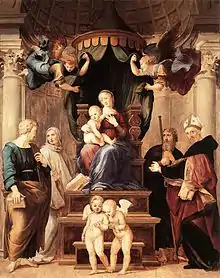 The Madonna on a baldachin surrounded by saints and angels