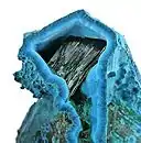 Shattuckite with malachite, about 4 cm wide. Kaokoveld Mine, Namibia