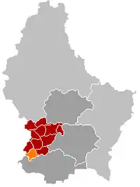 Map of Luxembourg with Bascharage highlighted in orange, and the canton in dark red