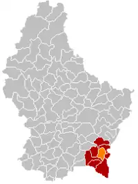 Map of Luxembourg with Bous highlighted in orange, and the canton in dark red