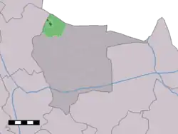 The village centre (dark green) and the statistical district (light green) of Langeveen in the municipality of Tubbergen.