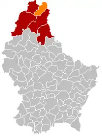 Map of Luxembourg with Weiswampach highlighted in orange, and the canton in dark red