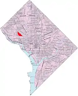 Map of Washington, D.C., with Observatory Circle highlighted in red