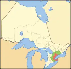 Location of the Golden Horseshoe in Ontario.██ Core area ██ Greater Golden Horseshoe