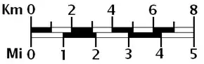 Image 26A graphical or bar scale. A map would also usually give its scale numerically ("1:50,000", for instance, means that one cm on the map represents 50,000cm of real space, which is 500 meters) (from Scale (map))