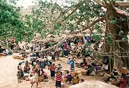 Market in a village at the foot of the cliff