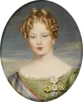 Painting showing the head and shoulders of a young woman wearing a lacey blue dress with auburn hair pulled back