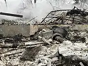 Pots and pans seen in the remains of a home burned from the fire the night after.