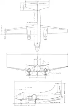 3-view silhouette drawing of the Martin 2-0-2NW