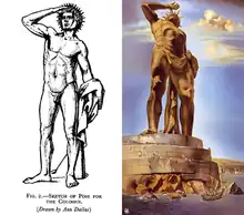 A black and white drawing of the Colossus of Rhodes from Herbert Maryon's 1954 paper, next to a Salvador Dalí's 1954 rendering of the Colossus