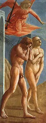 Adam and Eve crying as an angel flies overhead