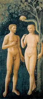 Adam and Eve naked in front of a tree with a snake