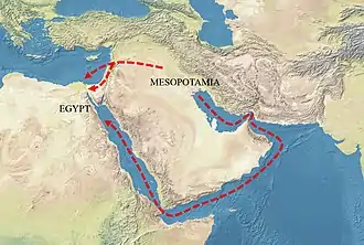 a colored map showing Mesopotamia and Egypt