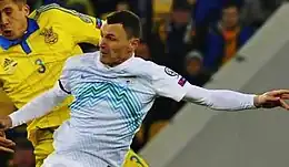 Two footballers during a match, with crowd in the background.