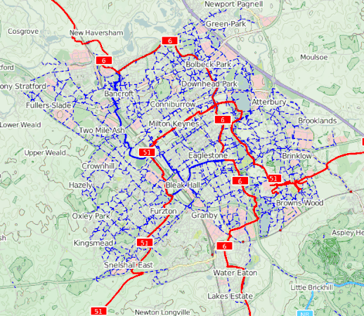 Cycleway network in Milton Keynes. NCR routes 6 and 51 are highlighted in red. In 1970 in the United Kingdom, the Milton Keynes Development Corporation produced the "Master Plan for Milton Keynes".