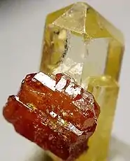 Gemmy mimetite with a "sidecar" of wulfenite, 2 x 1 x 1 cm.