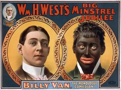 On the left id a head shot of a white male in high white collar, hair combed neatly; on the right is a head shot of man in blackface make-up, exaggerated red lips, frizzly hair, whites of eyes highlighted.